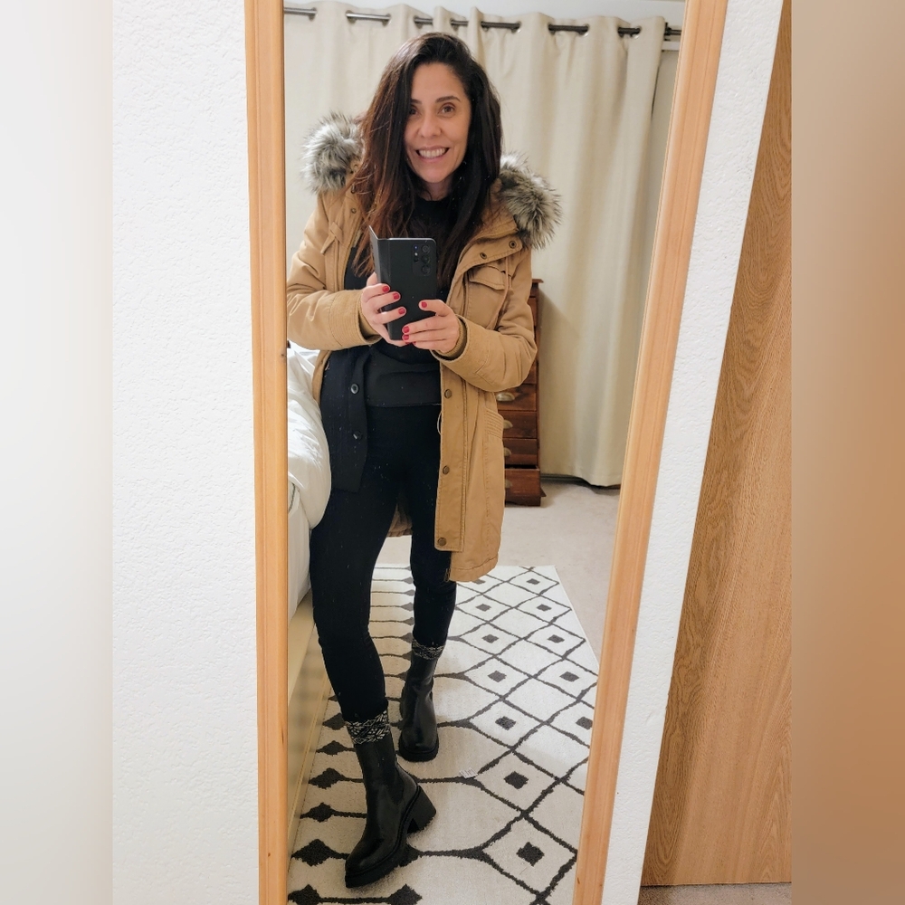Lucky Brand Tan Utility Jacket with Faux Fur Hood